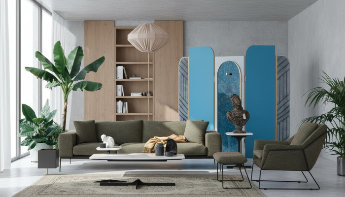 Set di mobili in stoffa grigia di lusso per divano verde moderno a due posti con poltrona.