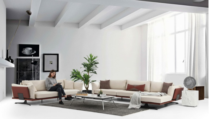 Divano angolare a forma di L beige moderno in tessuto, set di divani a 3 posti.