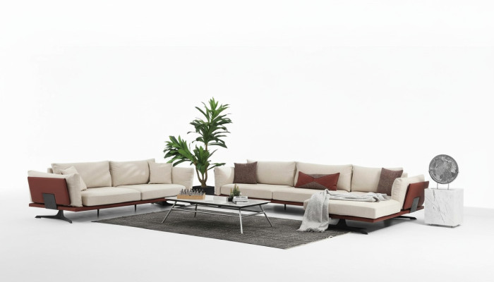 Divano angolare a forma di L beige moderno in tessuto, set di divani a 3 posti.