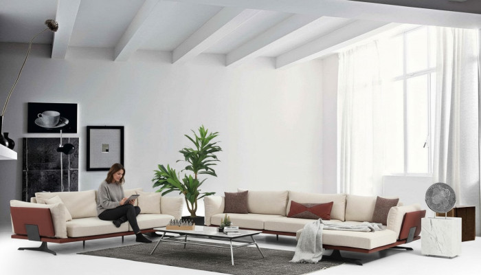Divano angolare con chaise longue a L 2 posti beige moderno in stoffa set divani d'angolo.