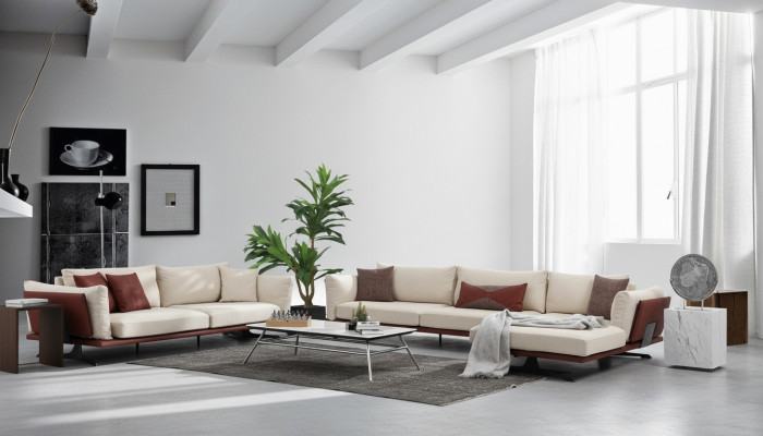 Divano angolare con chaise longue a L 2 posti beige moderno in stoffa set divani d'angolo.