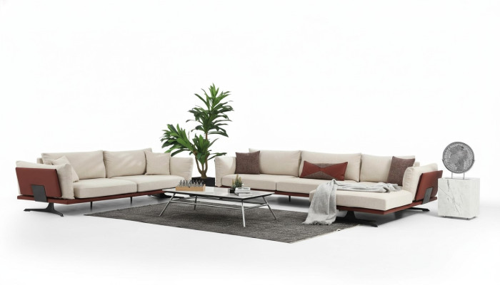 Divano angolare con chaise longue a L 2 posti beige moderno in stoffa set divani d'angolo.