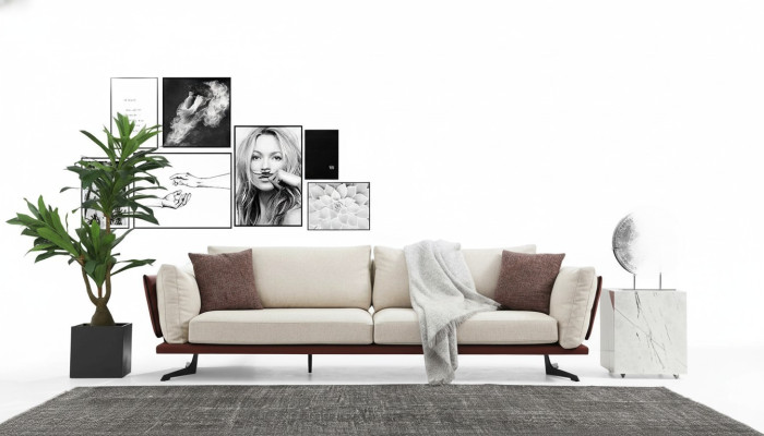Divano a 4 posti in stoffa beige design moderno lussuoso per soggiorno.