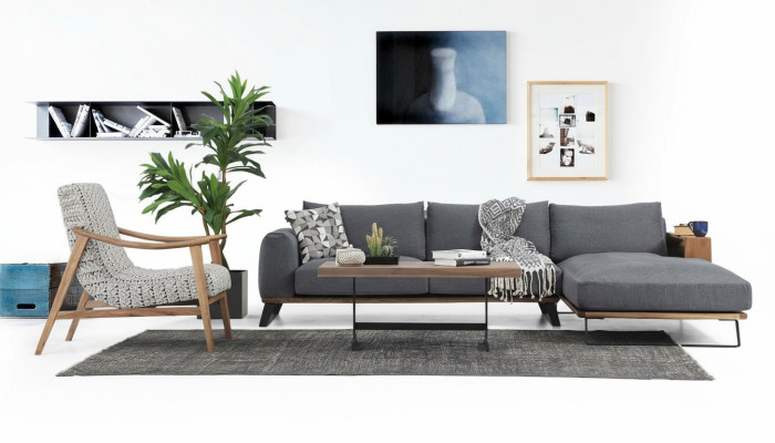 Soggiorno Divano ad angolo Forma a L in Tessuto Grigio Set di divani Design Moderno
