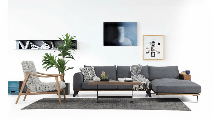Soggiorno Divano ad angolo Forma a L in Tessuto Grigio Set di divani Design Moderno