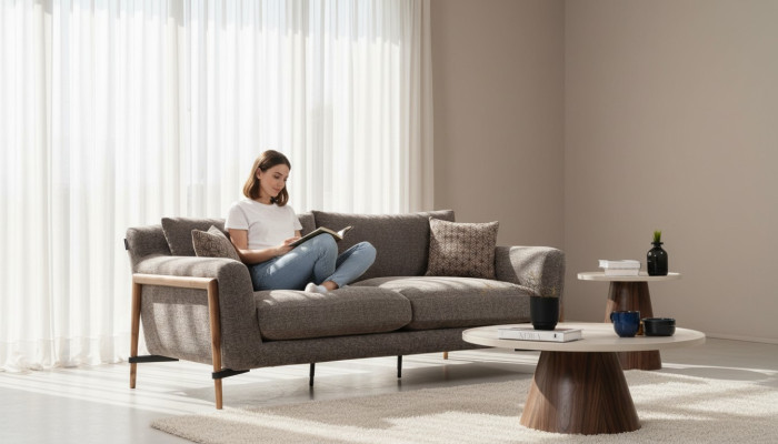 Divano a tre posti in tessuto grigio moderno design soggiorno.