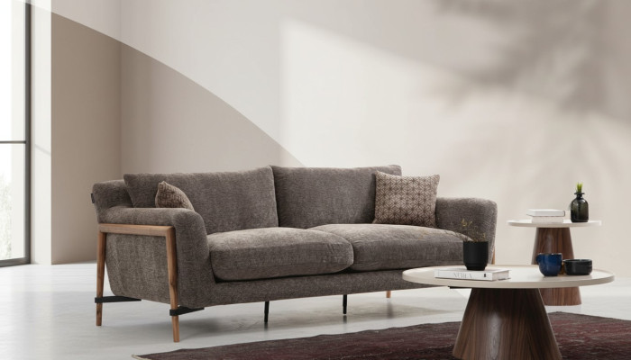 Divano a tre posti in tessuto grigio moderno design soggiorno.