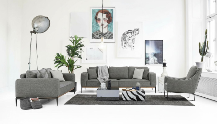 Set divano moderno in tessuto grigio per il soggiorno, composto da divano a 2 posti 221.