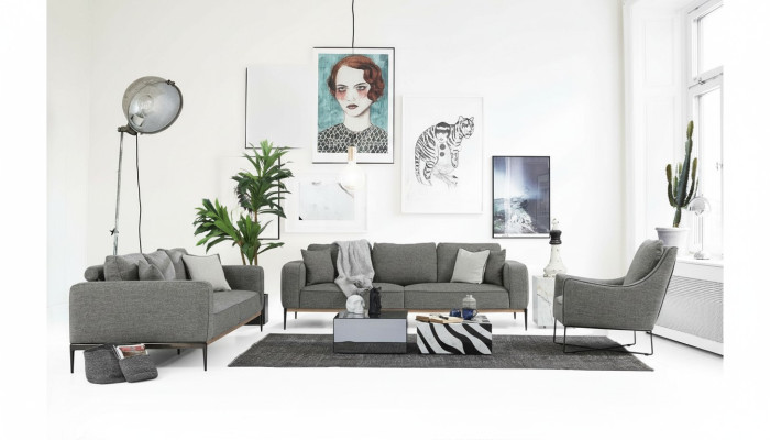 Set divano moderno in tessuto grigio per il soggiorno, composto da divano a 2 posti 221.