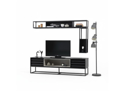 Mobile TV basso con parete e scaffali, set di supporti per TV in legno moderno design nero
