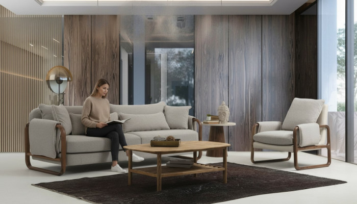Sofà 4 posti Poltrona 4 posti Moderno Tessuto Grigio Set Design