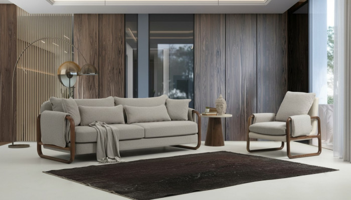 Sofà 4 posti Poltrona 4 posti Moderno Tessuto Grigio Set Design