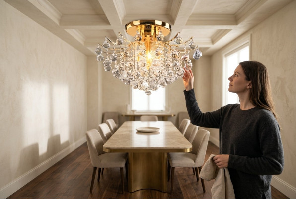 Lustro a soffitto in metallo dorato, lampadario decorativo a cristalli luminosi, lampada di lusso.