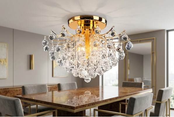 Lustro a soffitto in metallo dorato, lampadario decorativo a cristalli luminosi, lampada di lusso.