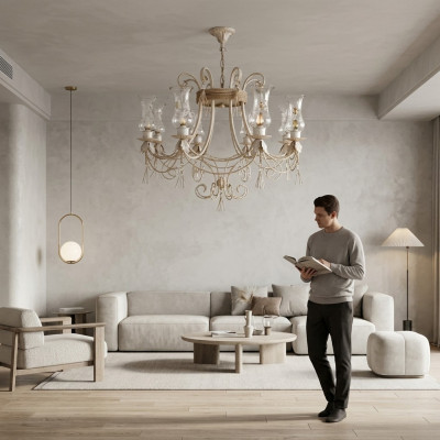 Lampadario di lusso in vetro beige con lampadario a soffitto.