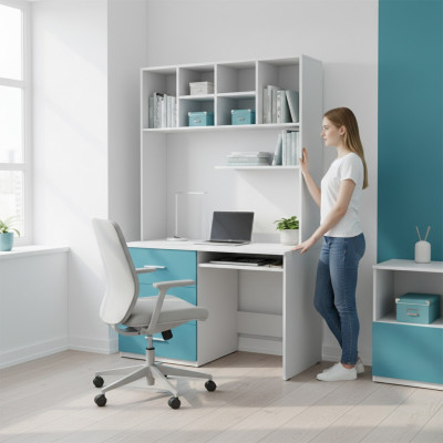 Tavolo d'ufficio con cassetto, scrivania per PC di stile moderno 2 pezzi con armadio tavoli
