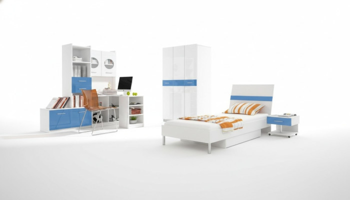 Set per bambini, tavolo, letto, armadio, comò, completo di 5 pezzi per camera ragazzi.