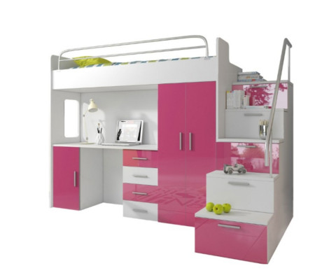 Letto a castello rosa con tavolo e armadio multifunzione a due piani per la camera dei bambini.