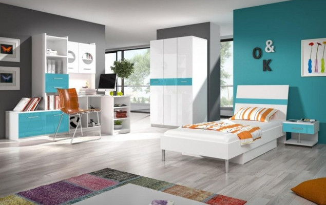 Camera dei bambini turchese moderna Armadio Comò Legno Tavolo Camera da letto Giovanile 5 pezzi