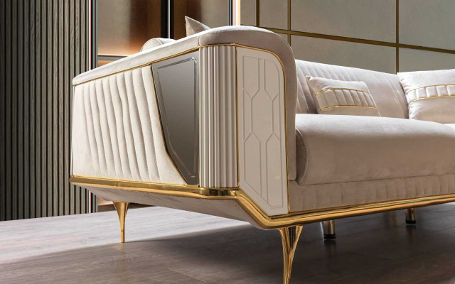 Divano a tre posti di design imbottito, divani a tre posti in tessuto di lusso.