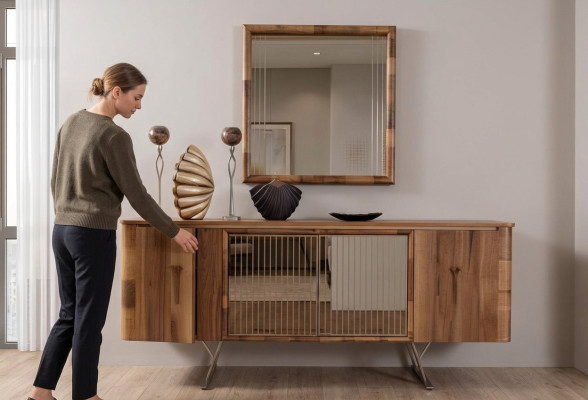 Mobiletti in legno marrone con cassetti nuovi con specchio credenza