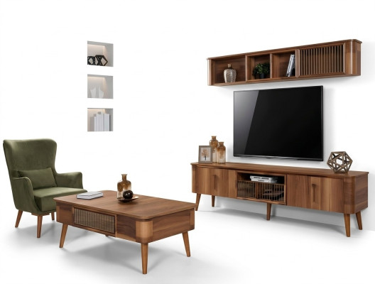 Mobile tv in pelle e legno Tavolo Armadio televisivo Tavolo Design basso Set di 2 pezzi Nuovo