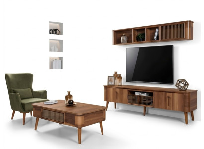 Mobile tv in pelle e legno Tavolo Armadio televisivo Tavolo Design basso Set di 2 pezzi Nuovo