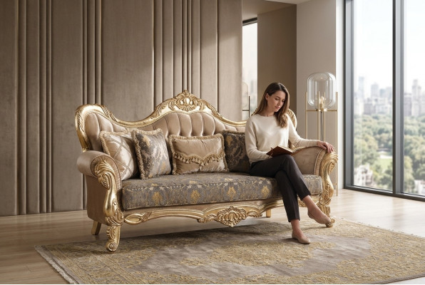 Chesterfield divano barocco a tre posti in stile Barocco in tessuto oro.
