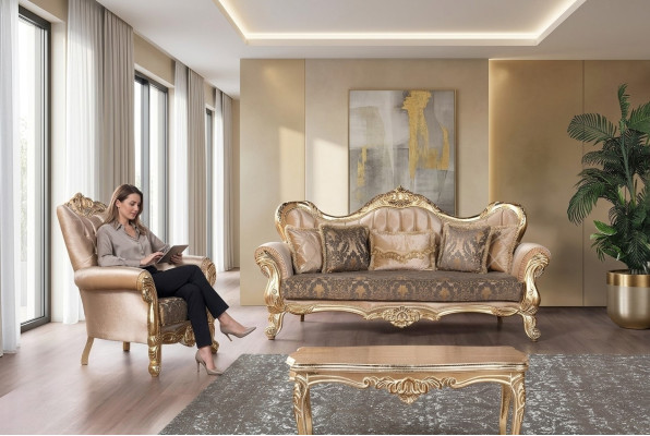 Chesterfield Set Divano Poltrona Mobili Barocchi Rococò Tavolo 3 pz