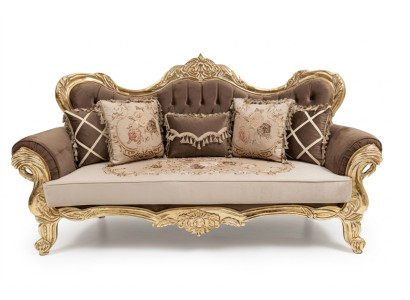 Chesterfield Barocco Divano a tre posti in stile sofà in stoffa dorata.