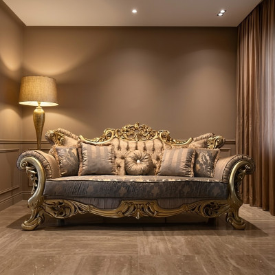 Chesterfield divano barocco a tre posti in tessuto dorato.