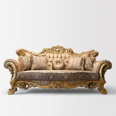 Chesterfield divano barocco a tre posti in tessuto dorato.