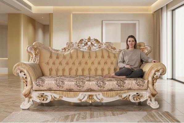 Chesterfield Barocco Divano a tre posti in stile barocco Beige in tessuto