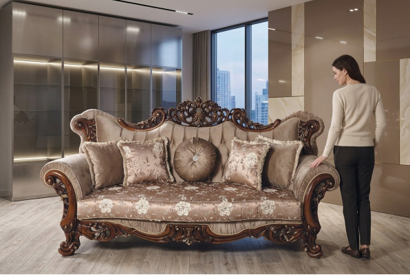 Barocco divano Chesterfield a tre posti in tessuto marrone.