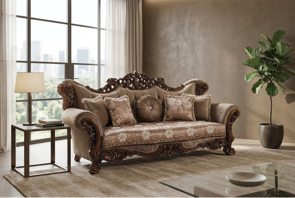 Barocco divano Chesterfield a tre posti in tessuto marrone.