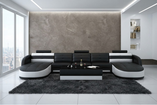 Design divano angolare in pelle componibile moderno con angolo chaise longue, porta USB, nuovo, nero