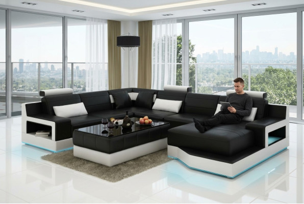 Design divano ad angolo in pelle con USB nero moderno nuovo