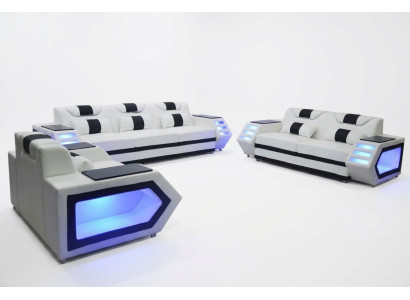 Divano Divano Posti Imbottitura Gruppo Set in Pelle 3+2+1 + LED + USB Nuovo