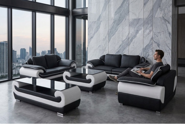 Set di divani in pelle design con divano imbottito completo 4 pezzi 3+2+1 con USB