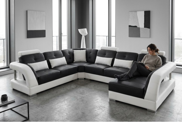 Design Divano ad angolo in pelle moderno con USB, nuovo, nero.