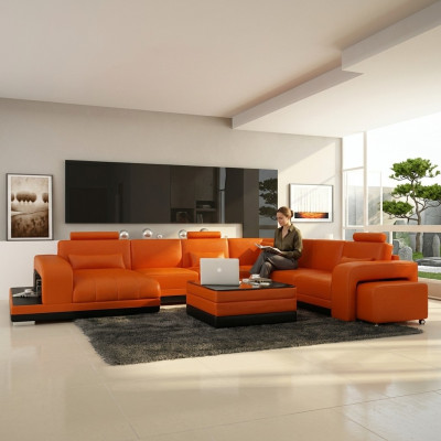 Design divano in pelle angolare moderno arancione con porta USB.