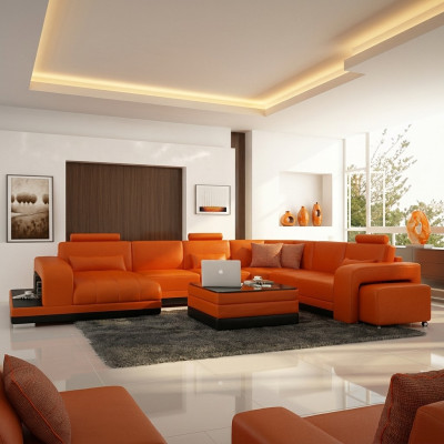 Design divano in pelle angolare moderno arancione con porta USB.