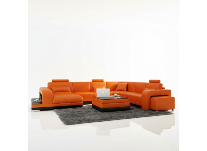 Design divano in pelle angolare moderno arancione con porta USB.