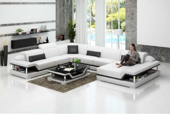 Design divano angolare in pelle moderno con angolo salotto, nuovo, bianco, USB.