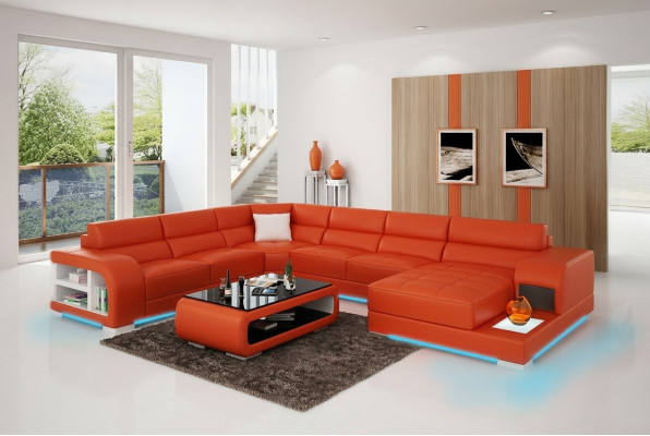 Design moderno del divano in pelle angolare con luce USB.
