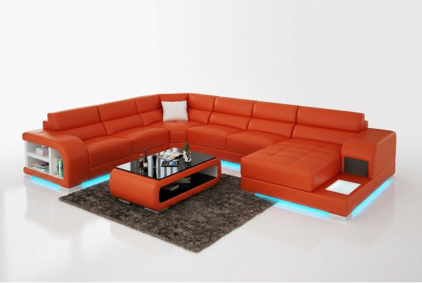 Design moderno del divano in pelle angolare con luce USB.