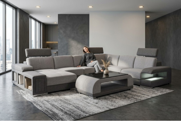 Arredo per divani Moderno divano angolare in pelle con cuscini, paesaggio abitativo USB + tavolo