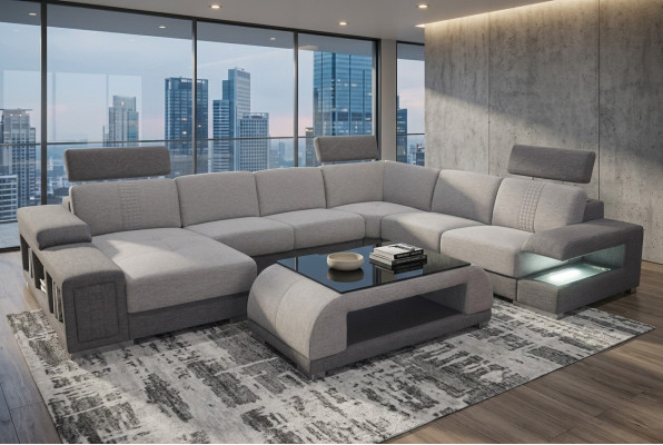 Arredo per divani Moderno divano angolare in pelle con cuscini, paesaggio abitativo USB + tavolo