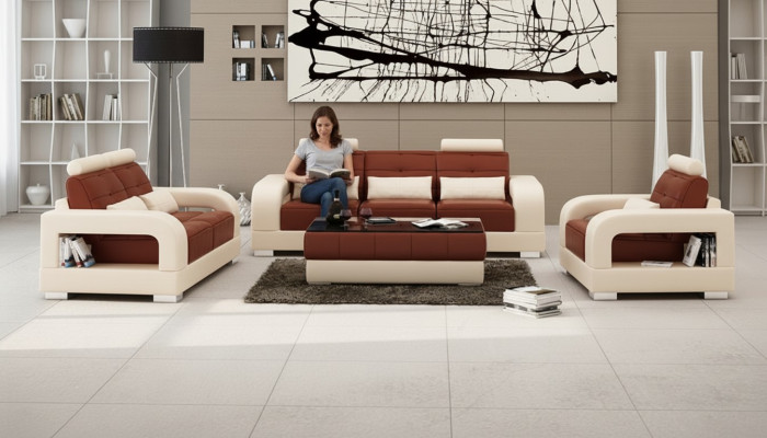 Divano in pelle, divano, set di divani 3+2+1 posti in stile moderno con USB.