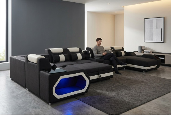 Design XXL moderno in pelle con angolo imbottito, divano ad angolo, divano letto con USB e LED.